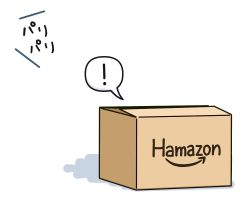 Rule 34 | !, amazon (company), box, brand name imitation, cardboard box, commentary request, hama! (3toshinhmkz), kantai collection, no humans, simple background, speech bubble, spoken exclamation mark, white background