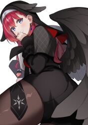 Rule 34 | 1girl, absurdres, ass, black necktie, black shirt, black shorts, black thighhighs, black wings, blue eyes, blue gemstone, blush, capelet, commentary, earrings, feathered wings, gem, grey capelet, grin, habit, head wings, high-waist shorts, highres, itame moyashi, jewelry, konkon aria, long hair, long sleeves, looking at viewer, low wings, necktie, neo-porte, red hair, shirt, shorts, simple background, smile, solo, symbol-only commentary, thighhighs, virtual youtuber, white background, wings
