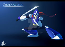 Rule 34 | 1boy, armor, fighting stance, full body, helmet, joints, looking at viewer, mega man (classic), mega man (series), mega man 3, no humans, red eyes, robot, robot ears, robot joints, scarf, shadow man (mega man), sword, weapon