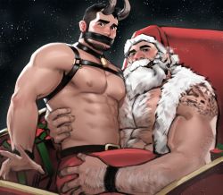 Rule 34 | 2boys, abs, animal costume, antlers, bara, beard, black hair, body hair, bondage outfit, chest hair, chest harness, christmas, couple, covered mouth, dopey (dopq), facial hair, hand on another&#039;s hip, harness, hat, highres, horns, krampus, large pectorals, male focus, manly, multiple boys, muscular, nipples, original, pectorals, reindeer antlers, reindeer costume, santa claus, santa costume, santa hat, simple background, sitting, sitting on lap, sitting on person, sky, star (sky), starry sky, topless male, white hair, yaoi