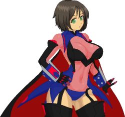 Rule 34 | 1girl, ahoge, aliasing, armor, black hair, black thighhighs, bodysuit, boots, breasts, brown hair, cape, cosplay, covered navel, cowboy shot, garter straps, gauntlets, hand on own hip, honchan, large breasts, nchallenge, nchans, pixel art, power armor, redesign, see-through, short hair, simple background, solo, standing, thigh boots, thighhighs, third-party edit, warner, white background