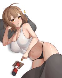 Rule 34 | 1girl, :t, ahoge, ajidot, anis (nikke), bare arms, bare shoulders, black panties, brown hair, commentary request, crop top, goddess of victory: nikke, korean commentary, lying, midriff, navel, no pants, on side, panties, short hair, solo, stomach, tank top, underwear, white background, white tank top, yellow eyes