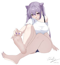 Rule 34 | 1girl, bare legs, barefoot, bra strap, candy shunya, commentary request, cone hair bun, genshin impact, hair bun, highres, keqing (genshin impact), long hair, nail polish, no pants, off shoulder, purple eyes, purple hair, purple nails, simple background, single bare shoulder, solo, toenail polish, toenails, twintails, white background