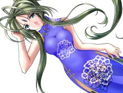 Rule 34 | 1girl, aa megami-sama, belldandy, blue eyes, breasts, china dress, chinese clothes, dress, earrings, facial mark, female pubic hair, forehead mark, green hair, jewelry, large breasts, long hair, navel, nipples, no bra, no panties, pubic hair, see-through, simple background, solo, thighhighs, very long hair