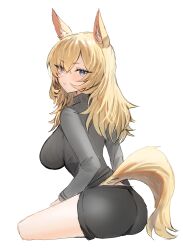 1girl absurdres alternate_costume animal_ears arknights ass black_shorts blonde_hair blue_eyes blush commentary_request crossed_bangs from_behind grey_shirt highres horn/wood horse_ears horse_girl horse_tail long_hair long_sleeves looking_at_viewer shirt shorts simple_background sitting solo tail turtleneck turtleneck_shirt whislash_(arknights) white_background