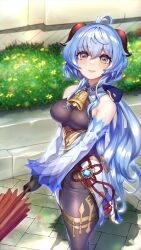 Rule 34 | 1girl, absurdres, ahoge, bare shoulders, bell, black gloves, black pantyhose, blue hair, blush, bow, breasts, chinese knot, detached sleeves, flower knot, ganyu (genshin impact), genshin impact, gloves, gold trim, highres, holding, holding umbrella, horns, koi0910, long hair, low ponytail, medium breasts, neck bell, outdoors, pantyhose, purple eyes, sidelocks, smile, solo, tassel, thighlet, thighs, umbrella, vision (genshin impact), white sleeves