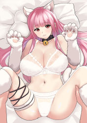 Rule 34 | 1girl, animal collar, animal ears, animal hands, bed, bed sheet, bell, blunt bangs, blush, bra, breasts, cat ears, cleavage, collar, commentary, commission, feet out of frame, frilled panties, frills, from above, gloves, hair spread out, highres, kneehighs, lace, lace-trimmed bra, lace trim, large breasts, leg grab, leg ribbon, lips, long hair, looking at viewer, lying, m legs, midriff, mitsuya (iron), navel, neck bell, on back, on bed, original, panties, parted lips, paw gloves, pillow, pink eyes, pink hair, pov, ribbon, skeb commission, skindentation, smile, socks, solo focus, spread legs, thigh ribbon, thigh strap, underwear, white bra, white panties, white socks