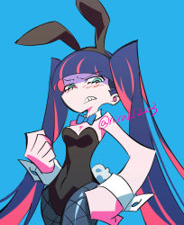 Rule 34 | 1girl, alternate hairstyle, animal ears, aqua eyes, black leotard, blue background, blue bow, blue bowtie, blunt bangs, bow, bowtie, breasts, cleavage, clenched hand, covered navel, detached collar, fake animal ears, fishnet pantyhose, fishnets, grey pantyhose, hand on own hip, leotard, long hair, looking at viewer, medium breasts, multicolored hair, nirak, official style, panty &amp; stocking with garterbelt, pantyhose, playboy bunny, rabbit ears, rabbit tail, solo, stocking (psg), strapless, strapless leotard, tail, traditional bowtie, twintails, two-tone hair, very long hair