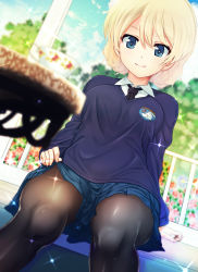 Rule 34 | 10s, 1girl, black necktie, black pantyhose, blonde hair, blue eyes, blue skirt, blue sweater, blurry, braid, clothes lift, collared shirt, cup, darjeeling (girls und panzer), depth of field, dress shirt, dutch angle, girls und panzer, highres, necktie, pantyhose, pleated skirt, school uniform, shiina excel, shirt, short hair, sitting, skirt, skirt drape, skirt lift, smile, solo, sparkle, sweater, table, teacup, thighs, twin braids, v-neck, white shirt, window