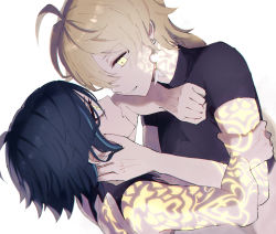 Rule 34 | 2boys, aether (genshin impact), ahoge, arm tattoo, black hair, black shirt, blonde hair, blouse, blue hair, body markings, earrings, eye contact, genshin impact, hair between eyes, hair over one eye, hand on another&#039;s cheek, hand on another&#039;s face, highres, jewelry, long hair, looking at another, male focus, multicolored hair, multiple boys, parted lips, shirt, short sleeves, simple background, single earring, tattoo, upper body, uro (urooooboe), white background, xiao (genshin impact), yaoi, yellow eyes