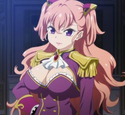 Rule 34 | 10s, 1girl, breasts, charlotte scherzen, cleavage, dress, female focus, kaneko hiraku, large breasts, long hair, purple eyes, smile, solo, standing, stitched, third-party edit, valkyrie drive, valkyrie drive -mermaid-