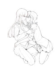 Rule 34 | 2girls, absurdres, asahina yuni, hand on another&#039;s arm, hand on another&#039;s waist, haoxiangkan nutong, highres, imminent kiss, knee in crotch, kyou wa kanojo ga inai kara, long hair, medium hair, miniskirt, monochrome, multiple girls, necktie, open clothes, open skirt, pleated skirt, shirt, simple background, skirt, taki fuuko, tongue, tongue out, vest, white background, yuri