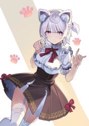 Rule 34 | 1girl, absurdres, animal ear fluff, animal ears, blunt bangs, blush, bow, bowtie, braid, bright pupils, brown skirt, cat ears, cat girl, closed mouth, commission, cowboy shot, falken (yutozin), frilled shirt, frilled sleeves, frills, garter straps, grey hair, hands up, high-waist skirt, highres, indie virtual youtuber, izumiya konomi, light smile, looking at viewer, pink eyes, red bow, red bowtie, second-party source, shirt, short hair, short sleeves, side braid, skeb commission, skirt, solo, thighhighs, underbust, virtual youtuber, w, wavy mouth, white background, white pupils, white shirt, white thighhighs