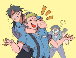 Rule 34 | 3boys, anger vein, black hair, black pants, blonde hair, blue shirt, clenched teeth, closed eyes, commentary request, employee uniform, glasses, headlock, highres, inudori, itou kaiji, kaiji, laughing, long hair, male focus, multiple boys, open mouth, pants, parted bangs, sahara makoto, shirt, short sleeves, simple background, smile, teeth, trembling, uniform, upper body, v-shaped eyebrows, yellow background