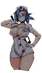 Rule 34 | 1girl, arm behind back, blue hair, bonesaw, breasts, choker, cleavage, covered navel, eyepatch, gloves, half-closed eyes, hand on own hip, hat, large breasts, latex, latex gloves, looking at viewer, looking down, mask, mouth mask, name tag, nisetanaka, nurse cap, ponytail, red eyes, saw, sketch, skullgirls, solo, surgical mask, valentine (skullgirls), white background