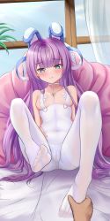 Rule 34 | 1girl, 1other, absurdres, animal ears, ass, azur lane, blue eyes, blush, breasts, cameltoe, cosplay, covered navel, crotchless, crotchless pantyhose, fake animal ears, feet, foot focus, holding with feet, foreshortening, highres, knees up, le malin (azur lane), le malin (azur lane) (cosplay), le malin (listless lapin) (azur lane), legs, leotard, long hair, looking at viewer, no shoes, pantyhose, playboy bunny, purple hair, rabbit ears, revision, see-through, shenqi (toid310), sitting, small breasts, soles, tashkent (azur lane), thighs, toes, very long hair, white leotard, white pantyhose, window