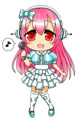 Rule 34 | 1girl, blush, breasts, chibi, headphones, highres, large breasts, long hair, looking at viewer, microphone, musical note, nitroplus, open mouth, pink hair, quaver, red eyes, simple background, smile, solo, speech bubble, spoken musical note, super sonico, thighhighs, transparent background, white background