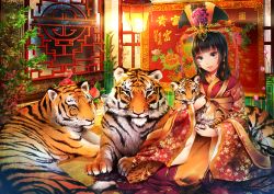 Rule 34 | 1girl, animal, black hair, branch, chinese clothes, flower, food, fruit, hair ornament, holding, leaf, light, long hair, looking at viewer, lulu season, md5 mismatch, original, peach, resized, resolution mismatch, sitting, smile, source smaller, tiger, upscaled, window, yellow eyes