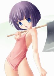 Rule 34 | 1girl, axe, blue eyes, casual one-piece swimsuit, flat chest, kourourin, one-piece swimsuit, open mouth, purple hair, short hair, simple background, solo, swimsuit, weapon