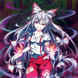 Rule 34 | 1girl, absurdres, album cover, album name, bow, breasts, collarbone, commentary request, cover, cowboy shot, fire, fire, fujiwara no mokou, grin, hair between eyes, hair bow, head tilt, highres, long hair, looking at viewer, medium breasts, ofuda, pants, puffy short sleeves, puffy sleeves, red eyes, red pants, shirt, short sleeves, silver hair, smile, solo, suspenders, touhou, uneven eyes, very long hair, white bow, white shirt, yamanakaume