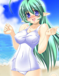 Rule 34 | 1girl, beach, blue eyes, blush, breasts, character request, day, female focus, green hair, long hair, one-piece swimsuit, original, outdoors, pointy ears, school swimsuit, sky, solo, source request, swimsuit, takeda aranobu, white school swimsuit, white one-piece swimsuit
