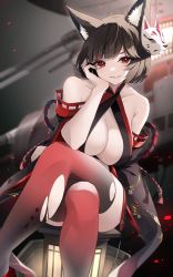 Rule 34 | 1girl, absurdres, animal ear fluff, animal ears, azur lane, bare shoulders, black hair, black thighhighs, breasts, cleavage, cleavage cutout, clothing cutout, collarbone, crossed legs, dark background, detached sleeves, fox ears, fox mask, gradient background, gradient legwear, hand on own head, highres, lantern, large breasts, long sleeves, looking at viewer, mask, mask on head, official alternate costume, parted lips, red eyes, red thighhighs, ship, short hair, sitting, smile, solo, thighhighs, thighs, turret, v-shaped eyebrows, watercraft, wide sleeves, yamaha tsui, yamashiro (azur lane), yamashiro (meta) (azur lane)