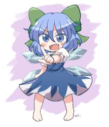 Rule 34 | 1girl, bare shoulders, blue dress, blush stickers, bow, cirno, collared shirt, dress, fairy, fang, full body, green bow, hair between eyes, hair bow, ice, ice wings, open mouth, puffy short sleeves, puffy sleeves, rokugou daisuke, shirt, short sleeves, signature, smile, solo, touhou, white shirt, wings
