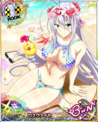 Rule 34 | 10s, 1girl, antenna hair, beach, bikini, blue eyes, blush, breasts, card (medium), character name, chess piece, cleavage, cocktail, covered erect nipples, unworn eyewear, flower, glasses, hair ribbon, hibiscus, high school dxd, high school dxd born, large breasts, long hair, navel, official art, ribbon, rook (chess), rossweisse, silver hair, sitting, solo, starfish, sunglasses, swimsuit, torn clothes, trading card, very long hair