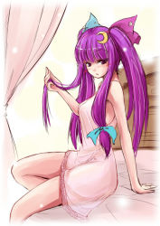 Rule 34 | 1girl, alternate costume, alternate hairstyle, bed, blush, breasts, crescent, crescent hair ornament, curtains, fechirin, female focus, hair ornament, lingerie, long hair, nightgown, no headwear, no headwear, patchouli knowledge, purple hair, solo, touhou, twintails, underwear