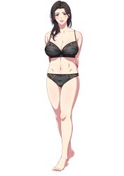 Rule 34 | 1girl, artist request, black bra, black hair, bra, breasts, brown eyes, character request, copyright request, feet, full body, highres, kitakaze tsukasa, large breasts, long hair, mature female, nipples, panties, simple background, solo, standing, tagme, underwear, white background