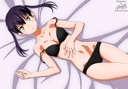 Rule 34 | 1girl, absurdres, armpits, bare shoulders, barefoot, bed, bed sheet, bedroom, black bra, black hair, black panties, bra, breasts, calm, cleft of venus, clenched hand, closed mouth, collarbone, en&#039;en no shouboutai, eyelashes, feet, female focus, fingernails, from above, gluteal fold, hand on own stomach, hand up, highres, huge filesize, indoors, legs, looking at viewer, looking up, lying, medium breasts, midriff, navel, neck, off-shoulder, off-shoulder bra, on back, on bed, panties, resting, shiny skin, shugo19, sidelocks, slit pupils, solo, tamaki kotatsu, thighs, thighs together, toenails, toes, twintails, underwear, underwear only, yellow eyes