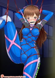 Rule 34 | 1girl, angry, bdsm, bit gag, blush, bodysuit, bondage, bound, brown eyes, brown hair, cyber (cyber knight), d.va (overwatch), facial mark, gag, gagged, headphones, leg up, long hair, looking at viewer, overwatch, overwatch 1, pilot suit, rope, shibari, shibari over clothes, solo, whisker markings