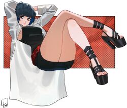 Rule 34 | 1girl, absurdres, arms up, belt, black skirt, black tank top, blue hair, blunt bangs, breasts, censored, censored feet, closed mouth, coat, commentary, crossed legs, eyelashes, feet, full body, high heels, highres, invisible chair, knees up, l4wless, lab coat, leaning back, legs, lips, long sleeves, looking at viewer, medium breasts, medium hair, miniskirt, mosaic censoring, nail polish, patterned background, persona, persona 5, platform footwear, platform heels, red belt, red nails, romaji commentary, sandals, signature, sitting, skirt, solo, takemi tae, tank top, thighs, toenail polish, toenails, toes, white coat