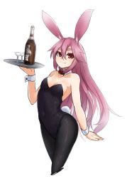 Rule 34 | 1girl, animal ears, bad id, bad pixiv id, bare shoulders, blush, borrowed character, bottle, bow, bowtie, breasts, cleavage, cocktail glass, cup, detached collar, drinking glass, fake animal ears, fishnet pantyhose, fishnets, leotard, long hair, looking at viewer, original, pantyhose, pink hair, playboy bunny, rabbit ears, rabbit girl, rabbit tail, red eyes, sakura inu, simple background, smile, solo, tail, tray, white background, wrist cuffs
