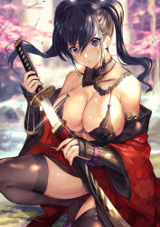 1girl black_bow black_bra black_hair black_panties black_thighhighs bow bra breasts cherry_blossoms cleavage covered_erect_nipples detached_collar glint highres holding holding_sword holding_weapon japanese_clothes katana large_breasts looking_at_viewer matsumoto_mitsuaki original outdoors panties parted_lips purple_eyes shiny_skin solo squatting sword thighhighs thighs twintails underwear weapon