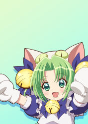 Rule 34 | 1girl, animal ears, animal hat, apron, bell, blush, bow, cat ears, cat hat, commentary request, dejiko, di gi charat, gloves, green background, green eyes, green hair, green theme, hair bell, hair ornament, hat, highres, jingle bell, looking at viewer, open mouth, reiwa no di gi charat, short hair, short sleeves, smile, solo, watasi