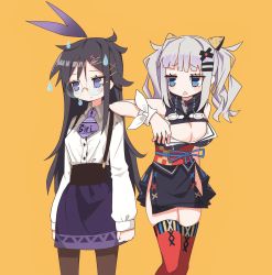 Rule 34 | 2girls, @ @, black hair, blue eyes, blue ribbon, blush, bow, breasts, brown legwear, cleavage, cleavage cutout, closed mouth, clothing cutout, collared shirt, grey hair, hair bow, hair ornament, hairclip, highres, japanese clothes, jitome, kaguya luna, kimono, long hair, long sleeves, multiple girls, narue, obi, open mouth, pantyhose, personification, purple bow, purple eyes, purple skirt, red legwear, red sash, ribbon, sash, shirt, short kimono, simple background, siri, skindentation, skirt, suspender skirt, suspenders, the moon studio, thighhighs, triangle mouth, twintails, virtual youtuber, white shirt, wing collar, wristband, x hair ornament, yellow background