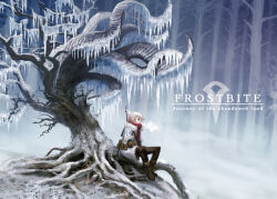 Rule 34 | 1girl, boots, bow (weapon), breath, copyright name, english text, fog, folded ponytail, forest, ginho, ice, icicle, jacket, nature, original, pants, red scarf, scarf, snow, solo, tree, weapon, white hair, white jacket, wide shot, winter