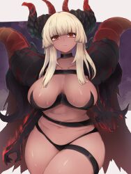 Rule 34 | 1girl, blunt bangs, breasts, breasts apart, closed mouth, diablo (dungeon squad), dungeon squad, highres, horns, large breasts, long hair, looking at viewer, red eyes, sidelocks, slit pupils, solo, thick thighs, thighlet, thighs, yonaga san