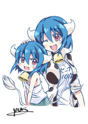 Rule 34 | 2girls, absurdres, age difference, age progression, aged down, bad id, bad pixiv id, bell, blue hair, blush, breasts, choker, cow girl, cow horns, cow tail, fang, headpat, highres, hood, hoodie, horns, jashin-chan dropkick, large breasts, looking at another, looking at viewer, minos (jashin-chan dropkick), multiple girls, neck bell, one eye closed, open mouth, pink eyes, short hair, smile, tail, time paradox, yuuki shushu
