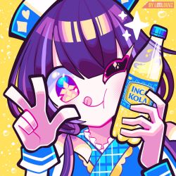 Rule 34 | 1girl, air bubble, artist name, blue dress, blue headwear, blush, bottle, bubble, clothing cutout, dress, drink, hands up, hat, highres, hina misora, holding, holding bottle, inka cola, long hair, looking at viewer, loulou vz, low twintails, multicolored hair, nurse cap, one eye closed, pink eyes, plaid, plaid dress, purple hair, shoulder cutout, soda, soda bottle, sparkle, streaked hair, symbol-shaped pupils, twintails, virtual youtuber, w, wactor production, wrist cuffs, yellow background