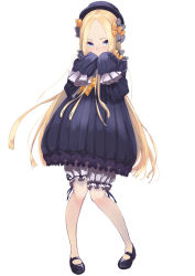 Rule 34 | 1girl, abigail williams (fate), black bow, black dress, black footwear, black headwear, blonde hair, bloomers, blue eyes, blush, bow, dress, fate/grand order, fate (series), forehead, full body, hair bow, highres, legs, long hair, looking at viewer, multiple hair bows, orange bow, parted bangs, polka dot, polka dot bow, ribbed dress, shochiku, simple background, sleeves past fingers, sleeves past wrists, solo, underwear, white background, white bloomers