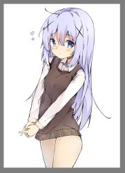 Rule 34 | 1girl, absurdres, blue eyes, blush, border, breasts, closed mouth, collared shirt, commentary request, flower, gochuumon wa usagi desu ka?, grey border, hair between eyes, hair ornament, highres, kafuu chino, long hair, long sleeves, looking at viewer, own hands together, purple hair, shiraki shiori, shirt, sidelocks, simple background, small breasts, solo, sweater vest, very long hair, white background, white shirt, x hair ornament