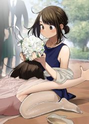Rule 34 | 2girls, blue dress, blush, bouquet, breasts, brown eyes, brown hair, douki-chan (douki-chan), dress, flat chest, flower, ganbare douki-chan, high heels, highres, jewelry, kneeling, kouhai-chan (douki-chan), large breasts, messy hair, multiple girls, necklace, office lady, outstretched arm, pantyhose, pearl necklace, scarf, sitting, white legwear, yomu (sgt epper)