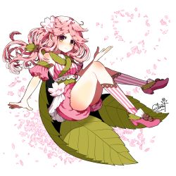 Rule 34 | 1girl, artist name, bloomers, closed mouth, commentary request, detached sleeves, elina (e2n04n), floating, floating hair, flower, food, green sash, hair flower, hair ornament, high heels, knees up, leaf, long hair, looking at viewer, original, personification, petals, pink footwear, pink hair, sakura mochi, sash, socks, solo, striped clothes, striped socks, twitter username, underwear, wagashi, white background, yellow eyes