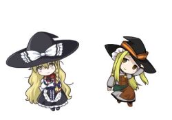 2girls black_dress black_hat blonde_hair blue_bow bow braid brown_eyes chibi chibi_only closed_mouth dress full_body grey_dress hair_bow hand_on_headwear hat hat_bow ichirou_(cookie) kirisame_marisa long_hair looking_at_viewer lowres mars_(cookie) messy_hair multiple_girls nekocookie114 side_braid simple_background single_braid smile touhou white_background white_bow witch_hat yellow_eyes