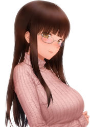 Rule 34 | 1girl, absurdres, asaba0327, blunt bangs, blush, breast hold, breasts, brown eyes, brown hair, closed mouth, glasses, grey-framed eyewear, highres, large breasts, lips, long hair, long sleeves, original, pink sweater, ribbed sweater, sidelocks, simple background, smile, solo, straight hair, sweater, turtleneck, turtleneck sweater, upper body, white background