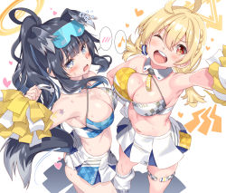 Rule 34 | ahoge, animal ears, bare shoulders, black hair, blonde hair, blue archive, blue eyes, blush, braid, breasts, cheerleader, cleavage, dog ears, dog girl, dog tail, eyewear on head, goggles, goggles on head, halo, hibiki (blue archive), hibiki (cheer squad) (blue archive), highres, holding, holding pom poms, kotori (blue archive), kotori (cheer squad) (blue archive), large breasts, long hair, looking at viewer, medium hair, millennium cheerleader outfit (blue archive), navel, open mouth, pom pom (cheerleading), pom poms, red eyes, shinozuka atsuto, single braid, smile, star sticker, sticker on face, tail, thighs, twintails