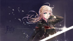 Rule 34 | 1girl, ahoge, artoria pendragon (fate), black gloves, blonde hair, blood, blood on clothes, excalibur (fate/stay night), fate/zero, fate (series), formal, gloves, glowing, glowing sword, glowing weapon, green eyes, highres, long hair, saber (fate), shirt, solo, suit, torn clothes, torn shirt, wait, weapon