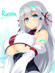 Rule 34 | 1girl, android, blue eyes, blue shirt, blush, borrowed character, breasts, character name, collared shirt, commentary, detached sleeves, eyebrows, grey hair, hair between eyes, headgear, hisen kaede, kikyou-0423, large breasts, long hair, looking at viewer, mecha musume, necktie, original, own hands together, parted lips, red necktie, red ribbon, ribbon, russia (dangan neko), shirt, simple background, solo, symbol-shaped pupils, teeth, underboob, white background